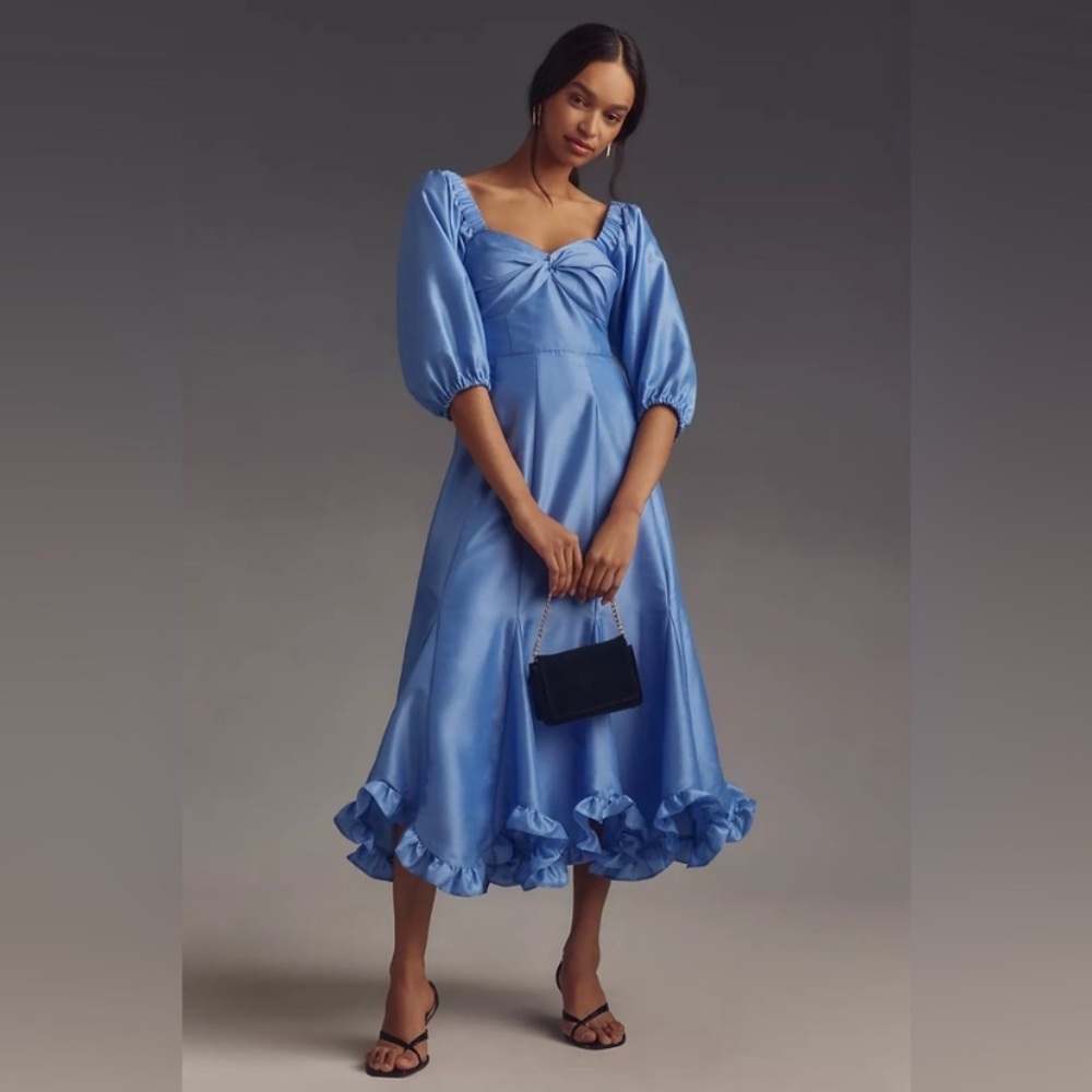 Hutch Blue Ruffled Tiered Midi Dress Sweetheart Neckline